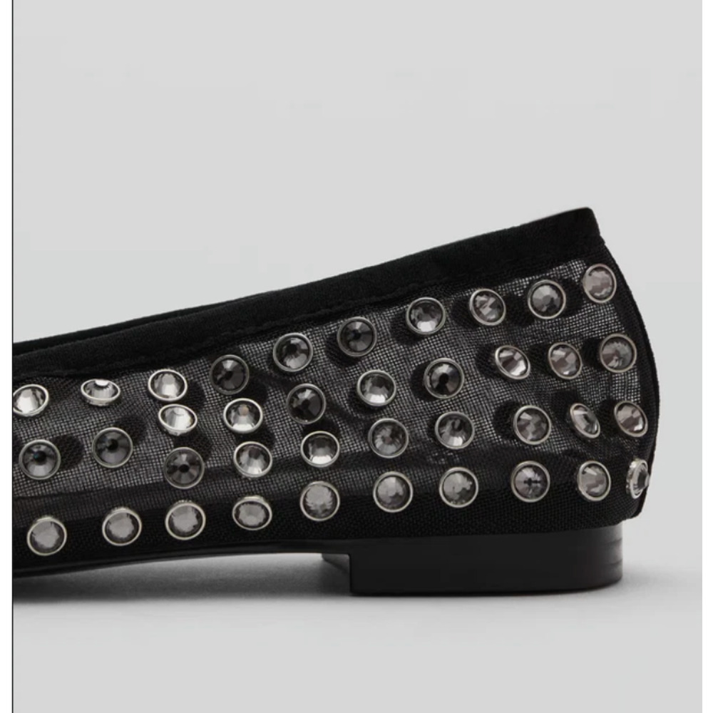 NEW MANGO MNG BLACK STUDDED RHINESTONE MESH BALLERINA BALLET FLATS SHOES 38 7.5 - Picture 7 of 14
